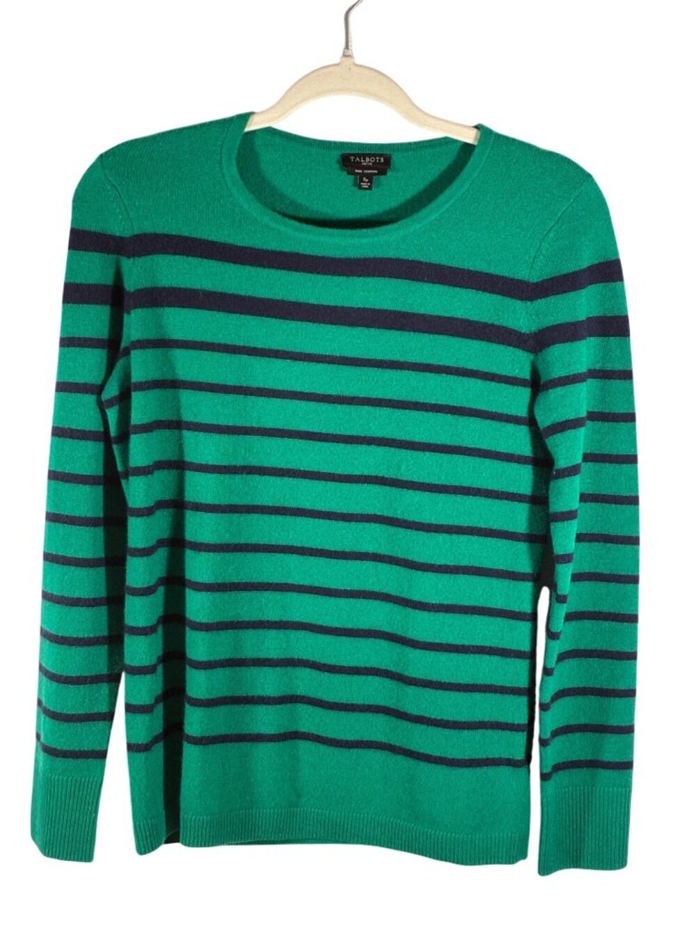 Talbots Petite Green Cashmere Striped Sweater S petite Button Cuff Crewneck NWOT